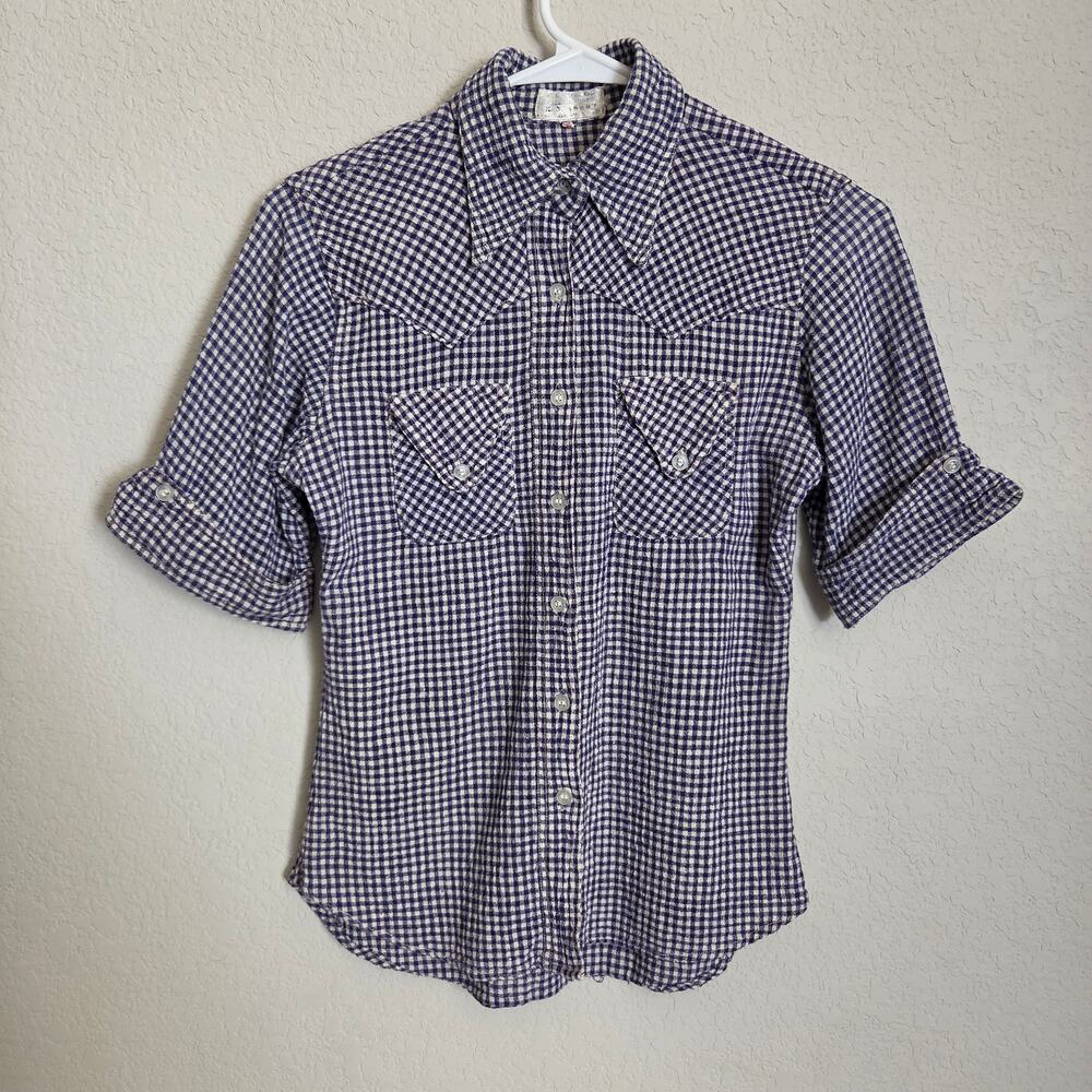 Short Sleeve Western Shirt Womens XS Navy Check Gingham Button up Casual Fitted
